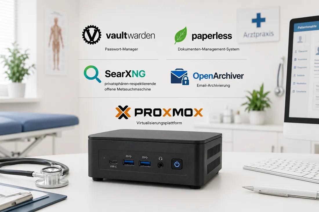 Kompakter Mini-PC in einer Praxis mit den Logos von Vaultwarden, Paperless, SearXNG, OpenArchiver und Proxmox
